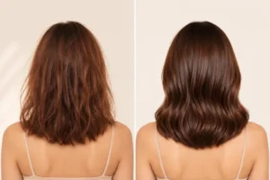 Avant après du masque Renaissance Hair K Paris sur cheveux abîmés avec une fibre plus douce, réparée et brillante