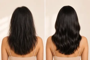 Résultat avant après du shampoing Renaissance Hair K Paris sur cheveux abîmés avec une fibre plus brillante, souple et visiblement réparée.