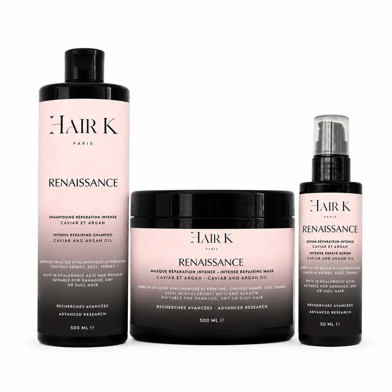 hair k paris routine cheveux shampoing masque serum reparation intense - Hair K Paris Routine capillaire Renaissance Hair K Paris composé du shampoing réparateur, masque réparateur et sérum réparateur au caviar, huile d’argan et acide hyaluronique pour cheveux abîmés.