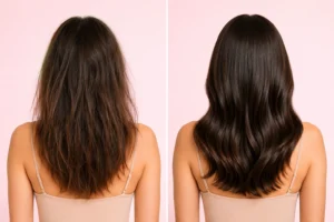 Comparatif avant après de la routine Renaissance Hair K Paris montrant des cheveux abîmés, ternes et fragilisés transformés en une chevelure réparée, brillante, plus forte et visiblement revitalisée.