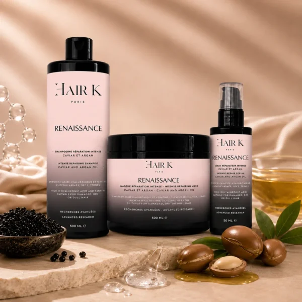 hair k paris routine renaissance reparation intense cheveux abimes - Hair K Paris Routine capillaire Renaissance Hair K Paris composée du shampoing, masque et sérum réparateurs présentés dans une mise en scène élégante et premium.