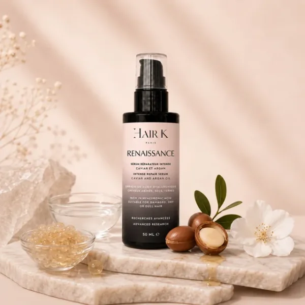 Sérum réparateur Hair K Paris Renaissance pour cheveux abîmés, cassants, secs ou déshydratés, aide à réparer la fibre capillaire, lisser les longueurs, protéger contre les agressions extérieures, réduire les frisottis et révéler des cheveux brillants, doux et soyeux.