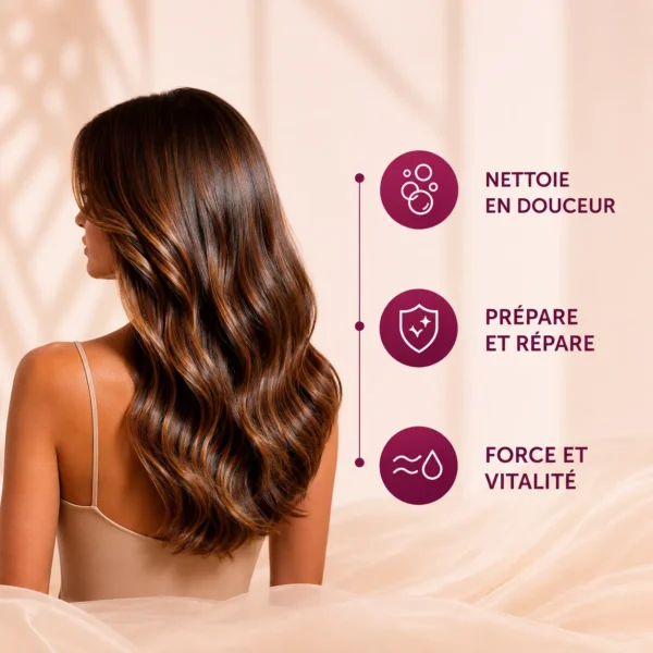 Shampoing Renaissance Hair K Paris, trois bienfaits clés : nettoie en douceur, prépare et répare la fibre, redonne force et vitalité aux cheveux abîmés