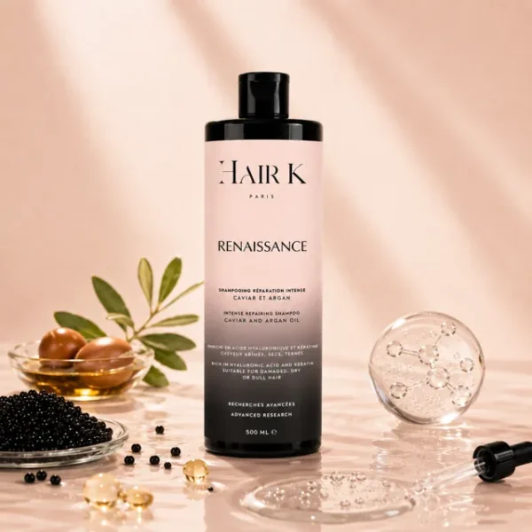 Shampoing Renaissance Hair K Paris, soin réparateur intense au caviar et huile d'argan pour cheveux abîmés et secs