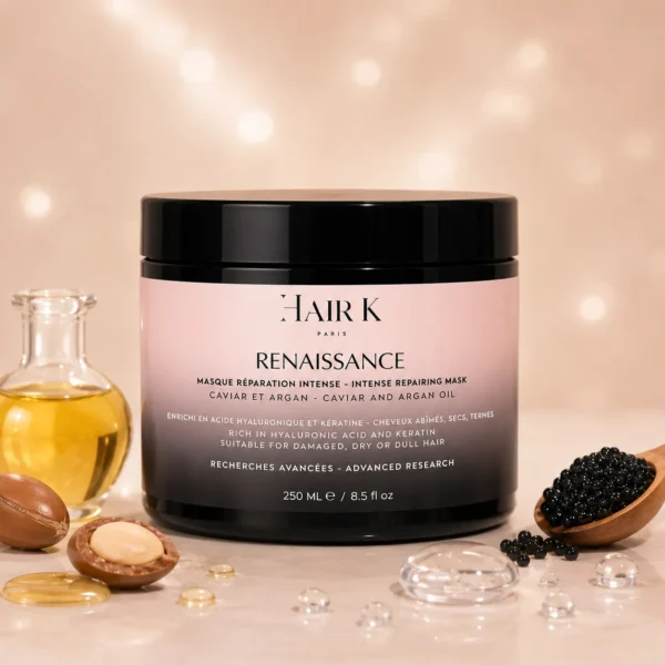 hair k paris soin reparation cheveux - Hair K Paris Masque Renaissance Hair K Paris mis en scène dans un univers premium pour réparer les cheveux abîmés et sensibilisés