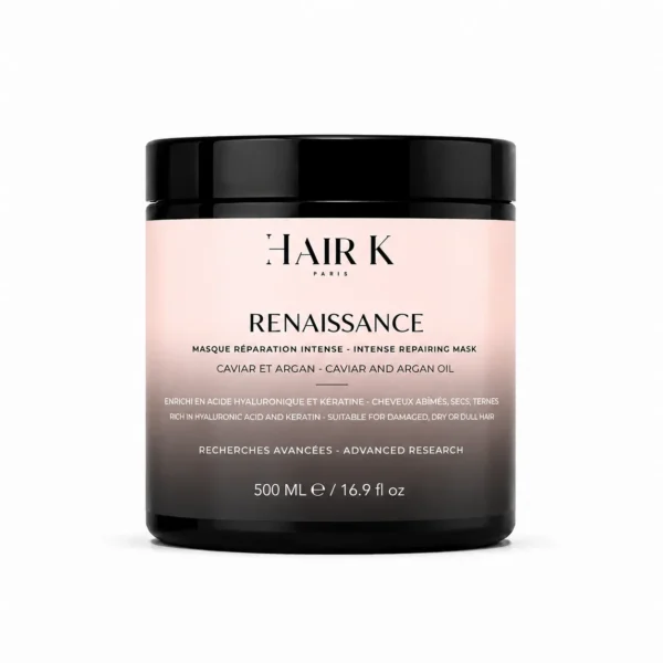 Masque capillaire Renaissance Hair K Paris au caviar, huile d’argan, kératine et acide hyaluronique pour nourrir et réparer intensément la fibre capillaire.