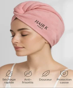 serviette cheveux microfibre anti casse - Hair K Paris منشفة من الألياف الدقيقة وردية اللون فائقة الامتصاص تجفف الشعر دون تقصف وتقلل من تجعده.