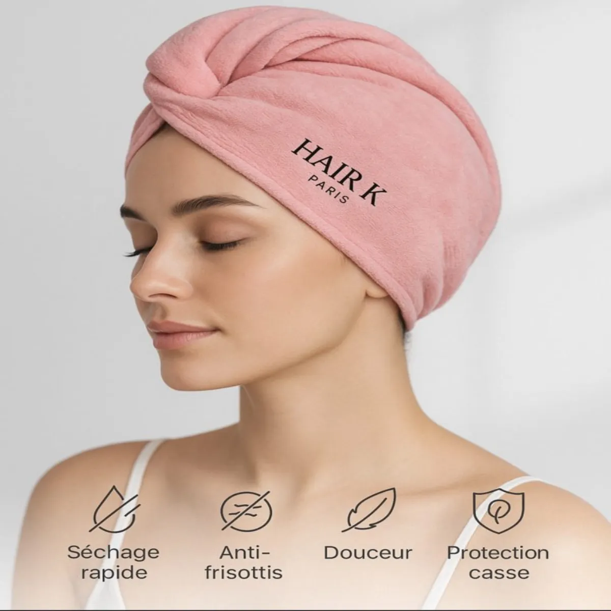 serviette cheveux microfibre anti casse - Hair K Paris منشفة من الألياف الدقيقة وردية اللون فائقة الامتصاص تجفف الشعر دون تقصف وتقلل من تجعده.