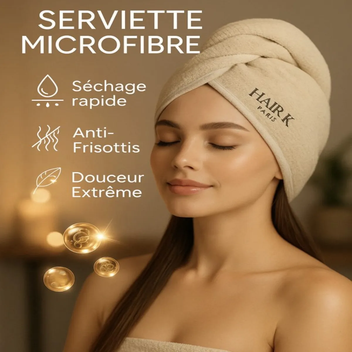 serviette microfibre cheveux ultra absorbante - Hair K Paris منشفة بيج فائقة الامتصاص مصنوعة من الألياف الدقيقة بيج اللون تجفف الشعر بسرعة وتقلل من تجعده.