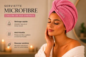 Modèle portant une serviette microfibre Hair K Paris pour séchage rapide, réduction des frisottis et cheveux doux