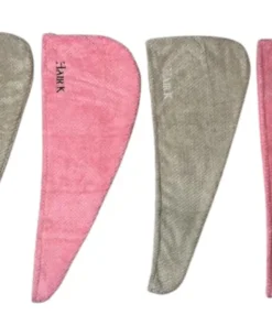 serviettemicrofibre cheveux absorption rapide hair k paris - Hair K Paris أربعة أنواع من المناشف المصنوعة من الألياف الدقيقة من هير كيه باريس باللون الوردي والبيج مع شعار أسود أو أبيض