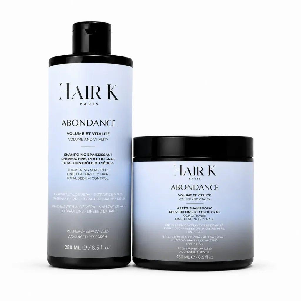 abondance volume cheveux fins - Hair K Paris Routine Abondance Hair K Paris composée d’un shampoing et d’un masque fortifiants pour cheveux fins, fragiles et en manque de densité. Les cheveux paraissent plus forts, plus volumineux et visiblement plus épais.