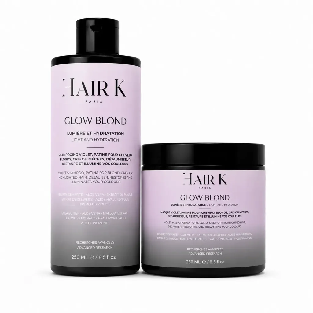 Routine Glow Blond Hair K Paris composée d’un shampoing violet et d’un masque violet pour neutraliser les reflets jaunes et orangés, illuminer les cheveux blonds, gris ou méchés et révéler un blond plus lumineux.