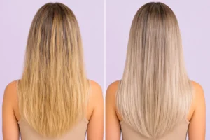 Avant après de la routine Glow Blond Hair K Paris avec des cheveux blonds plus lumineux et des reflets jaunes neutralisés