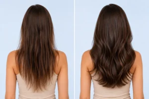 Avant après de la routine Abondance Hair K Paris avec une chevelure visiblement plus dense, forte et volumineuse