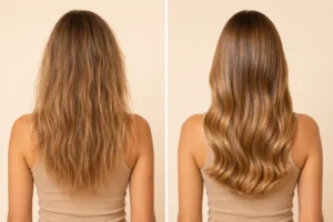 hair k paris avant apres cheveux secs routine nutriboost - Hair K Paris Avant après de la routine Nutriboost Hair K Paris sur cheveux secs avec un résultat nourri, plus souple et visiblement revitalisé