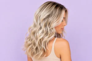 Résultat obtenu avec la routine Glow Blond Hair K Paris. Cheveux blonds lumineux, reflets jaunes et orangés neutralisés, fibre soyeuse et brillance éclatante.