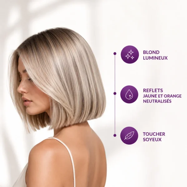 Résultat obtenu avec la routine Glow Blond Hair K Paris sur cheveux blonds, méchés ou décolorés. Blond lumineux, reflets jaunes et orangés neutralisés, toucher soyeux et brillance naturell