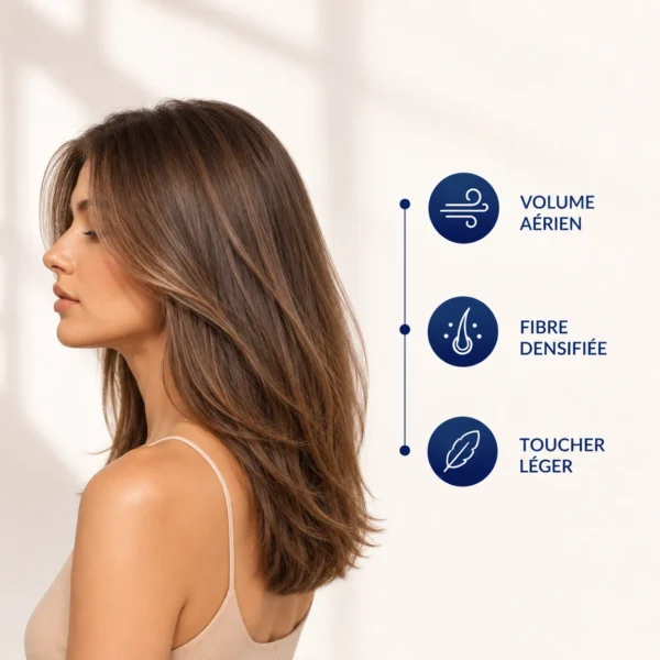 Résultat obtenu avec la routine Abondance Hair K Paris. Cheveux fins visiblement plus volumineux, densité renforcée et fibre capillaire revitalisée.
