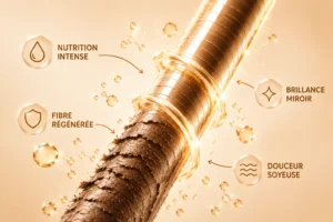 hair k paris fibre capillaire brillance miroir - Hair K Paris Illustration 3D de la fibre capillaire nourrie par la routine Nutri Boost Hair K Paris. Nutrition intense, toucher soyeux et effet brillance miroir.