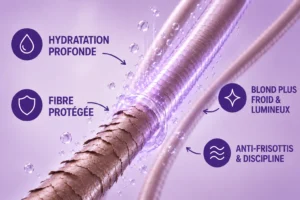 Illustration 3D de la fibre capillaire traitée par la routine Glow Blond Hair K Paris. Neutralisation des reflets jaunes et orangés, protection de la fibre et amélioration de la brillance.