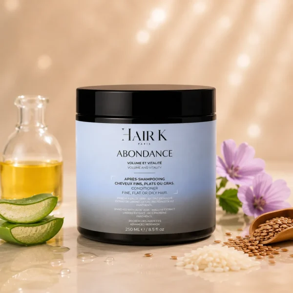 Masque Abondance Hair K Paris présenté dans un univers luxe pour renforcer et densifier la fibre capillaire