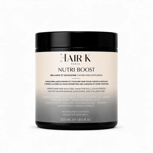 hair k paris masque brillance cheveux ternes 1 - Hair K Paris Masque Nutri Boost Hair K Paris conçu pour apporter brillance miroir, douceur et souplesse aux cheveux ternes, colorés ou sensibilisés.