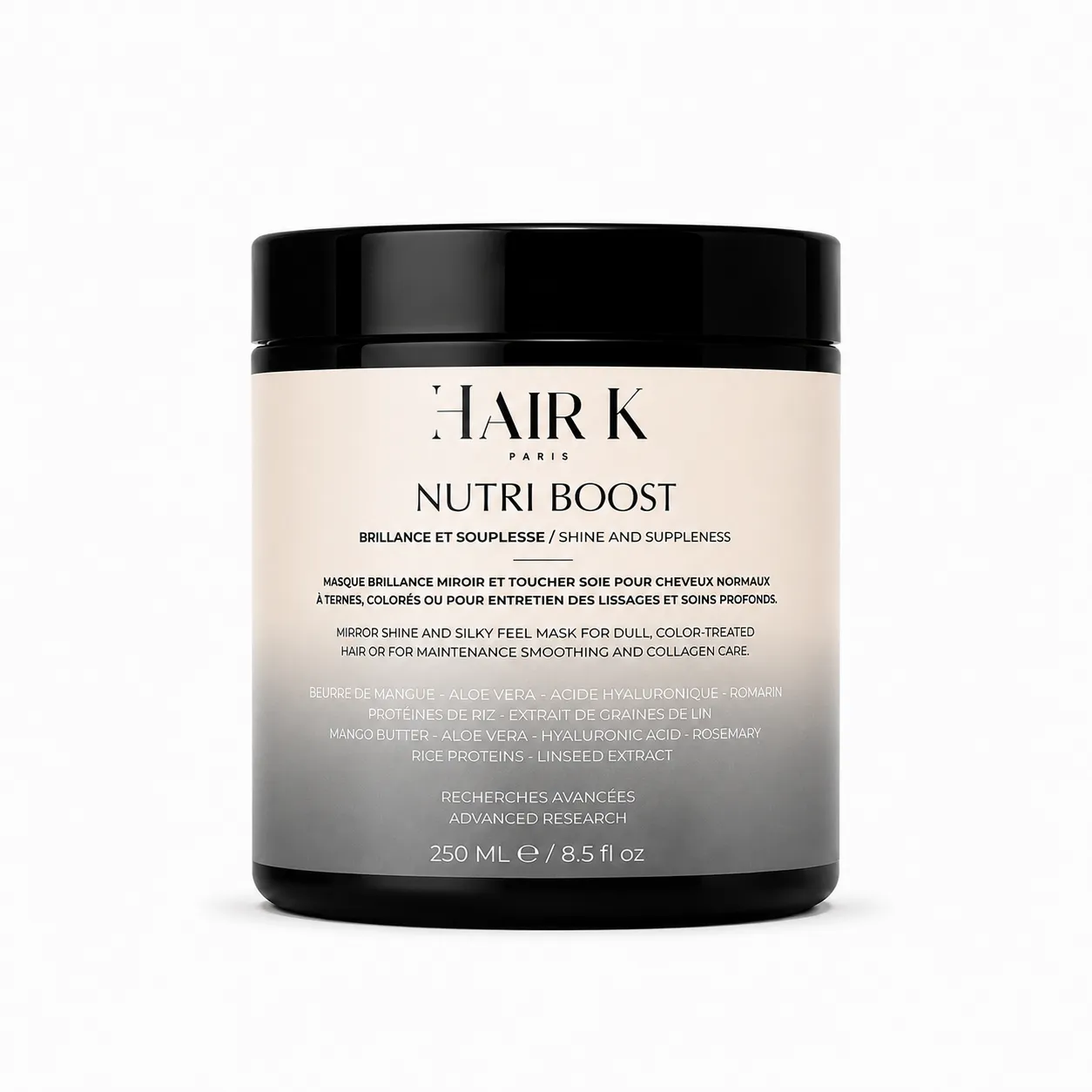 hair k paris masque brillance cheveux ternes 1 - Hair K Paris Masque Nutri Boost Hair K Paris conçu pour apporter brillance miroir, douceur et souplesse aux cheveux ternes, colorés ou sensibilisés.