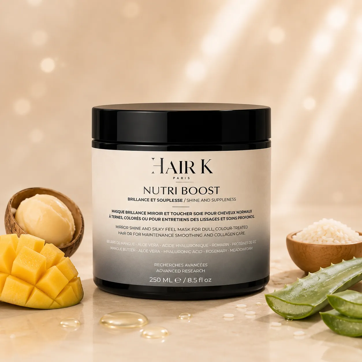 hair k paris masque nutriboost nutrition profonde - Hair K Paris Masque Nutriboost Hair K Paris mis en scène dans un univers premium pour nourrir intensément les cheveux secs