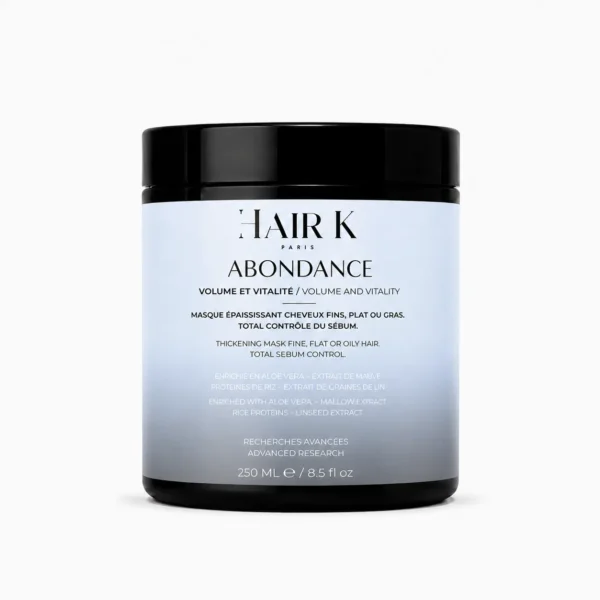 Masque volume Abondance Hair K Paris conçu pour apporter densité, matière et vitalité aux cheveux fins, plats ou en manque de volume.