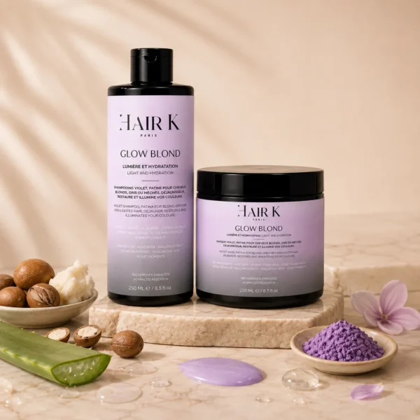 Routine capillaire Hair K Paris pour cheveux blonds, gris ou méchés composée d’un shampoing violet et d’un masque déjaunissant pour neutraliser les reflets jaunes et raviver l’éclat.