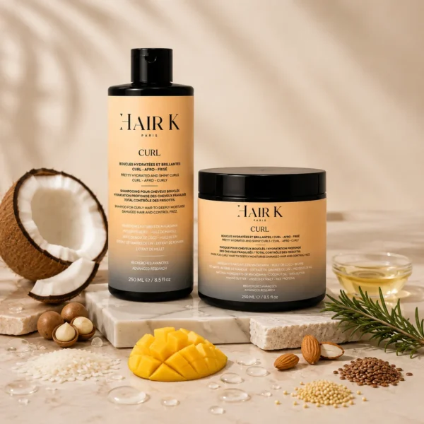 Routine capillaire Hair K Paris composée d’un shampoing et d’un masque pour hydrater, nourrir et définir les cheveux bouclés, frisés et afro.