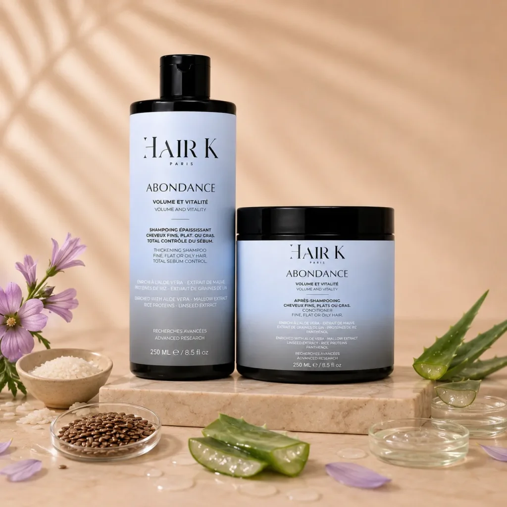 hair k paris routine capillaire cheveux fins volume - Hair K Paris Routine capillaire Hair K Paris pour cheveux fins, plats ou en manque de densité avec shampoing épaississant et masque volume.