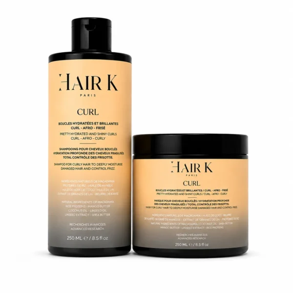 Routine Curl Hair K Paris composée d’un shampoing et d’un masque hydratants pour cheveux bouclés. Les boucles sont définies, souples, rebondies et protégées contre les frisottis.