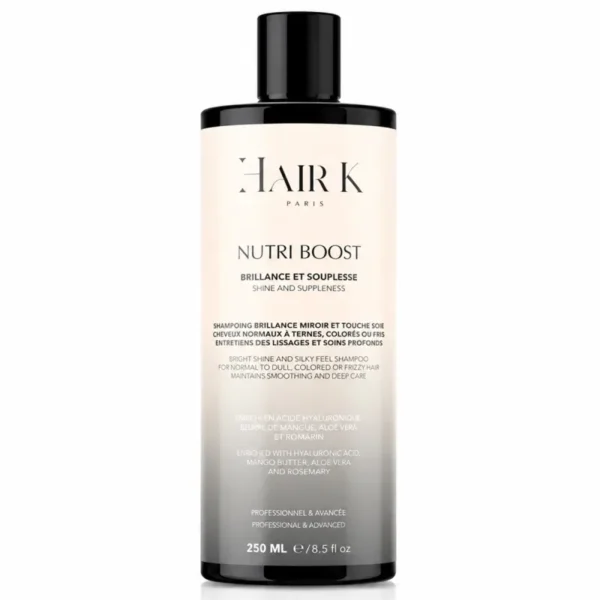hair k paris shampoing brillance cheveux ternes - Hair K Paris Shampoing Nutri Boost Hair K Paris enrichi en aloe vera et acide hyaluronique, conçu pour apporter brillance miroir, souplesse et nutrition aux cheveux ternes, secs à normaux ou colorés.