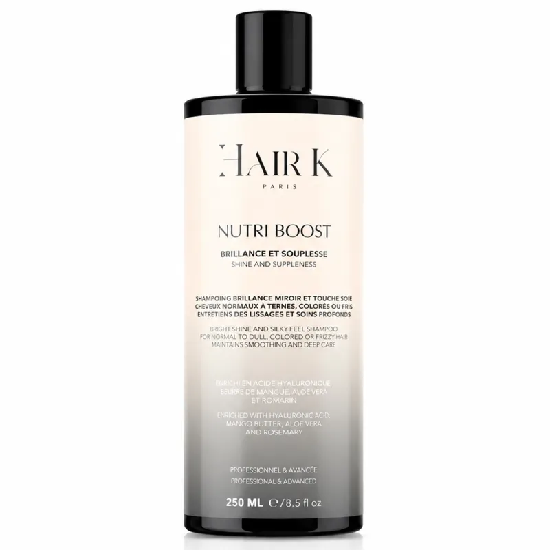 hair k paris shampoing brillance cheveux ternes - Hair K Paris Shampoing Nutri Boost Hair K Paris enrichi en aloe vera et acide hyaluronique, conçu pour apporter brillance miroir, souplesse et nutrition aux cheveux ternes, secs à normaux ou colorés.