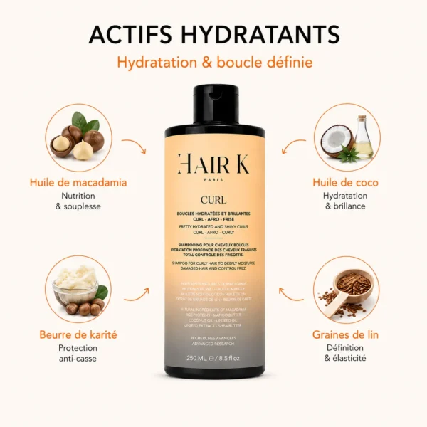 Shampoing Curl Hair K Paris formulé avec des actifs hydratants et nourrissants pour aider à définir les boucles, limiter les frisottis et maintenir leur souplesse.