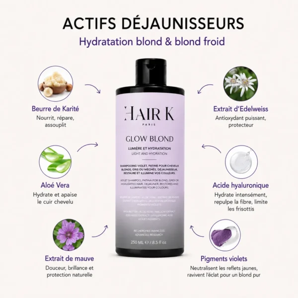 hair k paris shampoing glow blond actifs neutralisants blond - Hair K Paris Shampoing Glow Blond Hair K Paris enrichi en pigments correcteurs et actifs protecteurs pour neutraliser les reflets jaunes et préserver l’éclat des cheveux blonds.