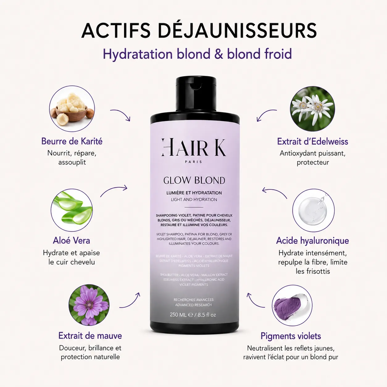 hair k paris shampoing glow blond actifs neutralisants blond - Hair K Paris Shampoing Glow Blond Hair K Paris enrichi en pigments correcteurs et actifs protecteurs pour neutraliser les reflets jaunes et préserver l’éclat des cheveux blonds.
