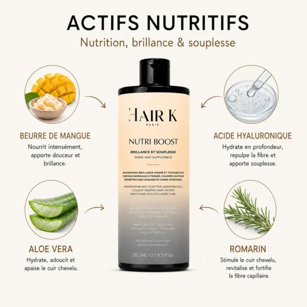 Shampoing Nutriboost Hair K Paris enrichi en actifs nutritifs pour aider à revitaliser les cheveux secs, ternes ou sensibilisés et améliorer leur douceur.
