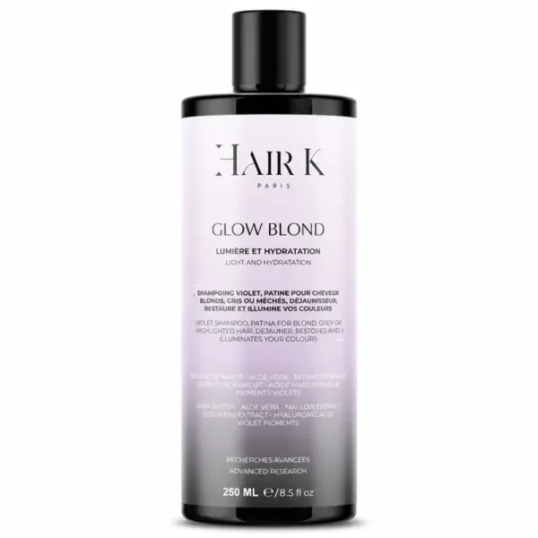 hampoing violet Glow Blond Hair K Paris pour cheveux blonds, gris ou méchés aidant à neutraliser les reflets jaunes et à raviver l’éclat de la couleur.