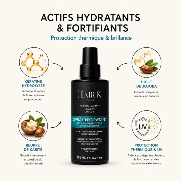 Spray hydratant thermoprotecteur Hair K Paris enrichi en kératine hydrolysée, huile de jojoba, beurre de karité et actifs protecteurs pour hydrater, renforcer et protéger les cheveux contre la chaleur et les UV.