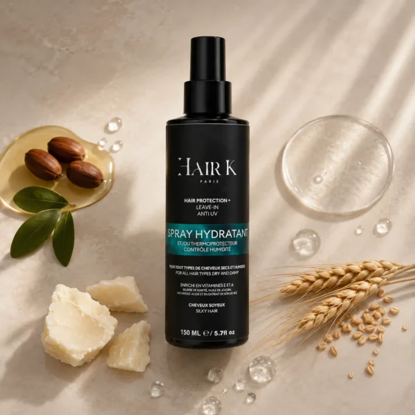 Spray hydratant thermoprotecteur professionnel Hair K Paris avec kératine hydrolysée, huile de jojoba, beurre de karité et extrait de son de blé pour cheveux secs, déshydratés ou sensibilisés.
