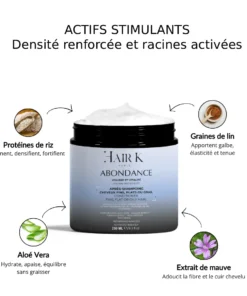 Ingrédients stimulants Abondance Hair K Paris pour densité renforcée et racines activées sur cheveux fins, plats ou gras