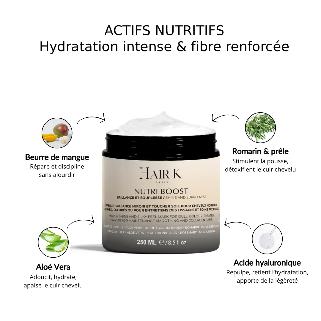 ingredients qualite masque cheveux nutrition hair k paris 1 - Hair K Paris Inhaltsstoffe NutriBoost Hair K Paris Haarmaske Ernährung für trockenes bis normales Haar Mangobutter Aloe Vera Hyaluronsäure Rosmarin Schachtelhalm