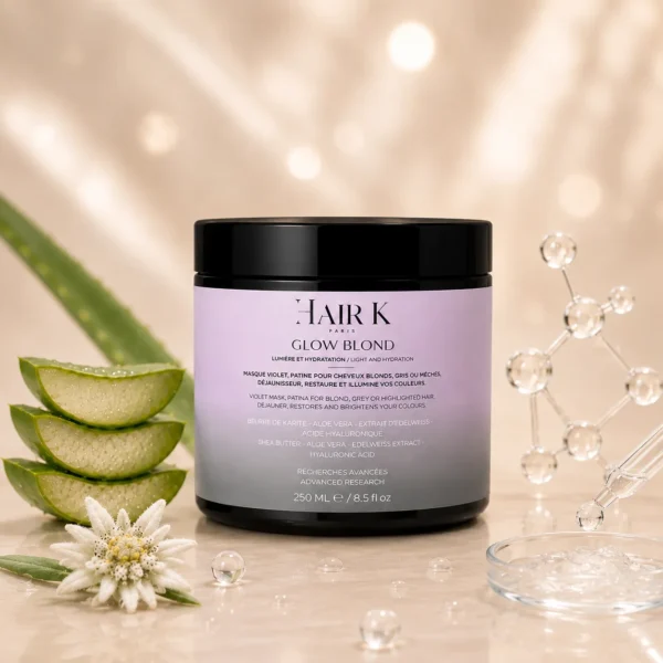 Masque Glow Blond Hair K Paris en mise en scène premium avec aloe vera et extrait d’edelweiss pour hydrater les cheveux blonds, méchés ou gris et neutraliser les reflets jaunes.