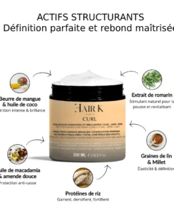 Ingrédients et texture crémeuse du masque Curl Hair K Paris pour cheveux bouclés, nutrition intense et soin sans sulfates