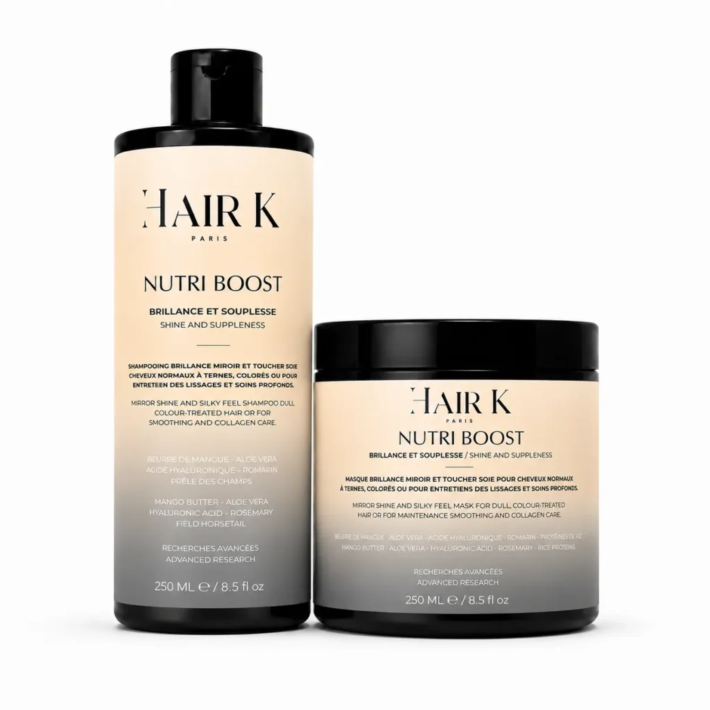 Routine Nutriboost Hair K Paris composée d’un shampoing et d’un masque nourrissants pour cheveux secs, fragilisés et ternes. Les cheveux retrouvent douceur, souplesse et nutrition durable.