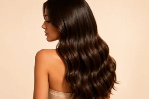 Femme aux cheveux longs brillants et nourris illustrant la routine capillaire nutrition Nutriboost Hair K Paris pour cheveux secs, déshydratés et en manque de souplesse.