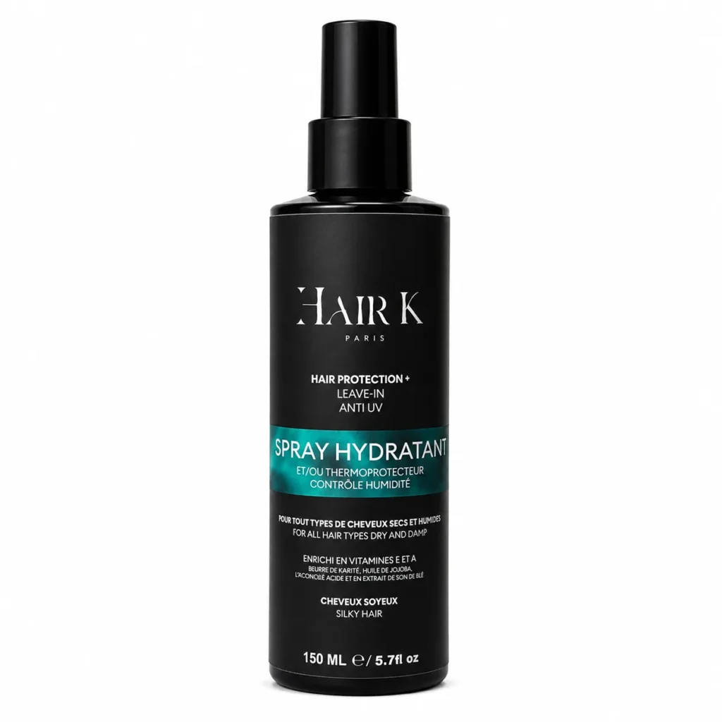 Spray hydratant thermoprotecteur Hair K Paris enrichi en kératine hydrolysée, huile de jojoba et beurre de karité pour hydrater, protéger de la chaleur et contrôler l’humidité.